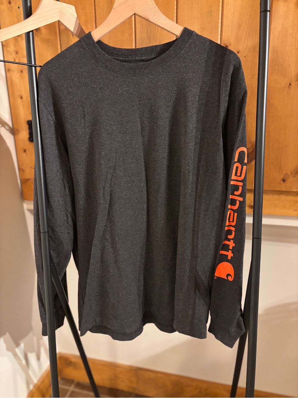 Carhartt Men’s Long-Sleeve Tee — Charcoal with Orange Sleeve Logo